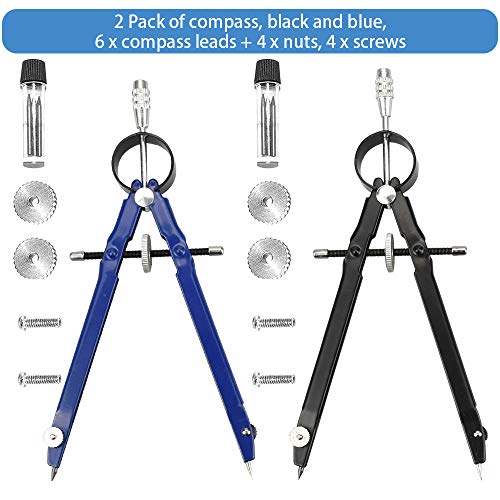 Perfetsell 2 Pack de Compás Dibujo Tecnico Compás Escolar Primaria/Secundaria Compás Escolar Rueda Compás Geométrico para Escolar, Dibujo Técnico con Articulaciones en Ambos Brazos y Minas Compás