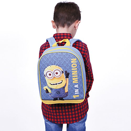 PERLETTI - Mochila Escolar Niño Mi Villano Favorito Azul Amarillo - Pequeño Bolso Escolar con Bob de los Minions - Bolsa Infantil Escuela Guarderia con Tirantes Regulables - 28,5x23x7,5 cm