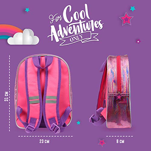 PERLETTI Mochila Escolar Unicornio para Niña - Bolso Infantil para Escuela Guardería y Viajes - Mochilita Bolsa con Detalles Reflectantes y Cremallera en Forma de Estrella - 31x23x8 cm (Unicornio)