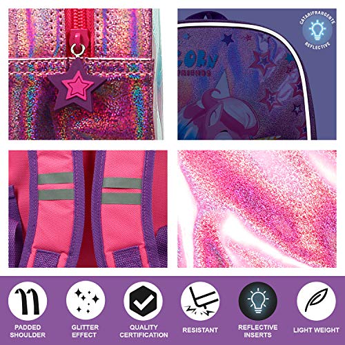 PERLETTI Mochila Escolar Unicornio para Niña - Bolso Infantil para Escuela Guardería y Viajes - Mochilita Bolsa con Detalles Reflectantes y Cremallera en Forma de Estrella - 31x23x8 cm (Unicornio)