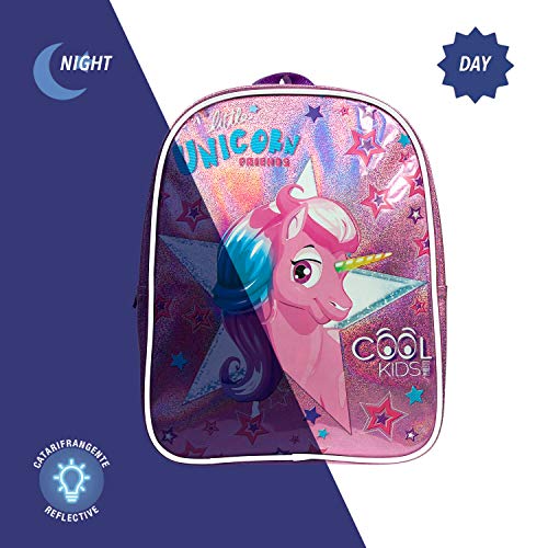 PERLETTI Mochila Escolar Unicornio para Niña - Bolso Infantil para Escuela Guardería y Viajes - Mochilita Bolsa con Detalles Reflectantes y Cremallera en Forma de Estrella - 31x23x8 cm (Unicornio)