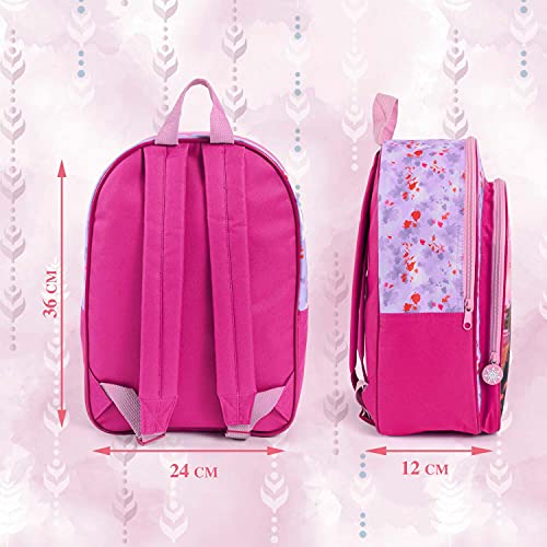 PERLETTI Mochila Niña Disney Frozen 2 Rosa Violeta con Bolsillo Frontal - Mochilita Niñas Escuela Guardería con Princesas Ana Elsa - Bolso Escolar con Tirantes Regulables para Chicas - 36x25x12 cm