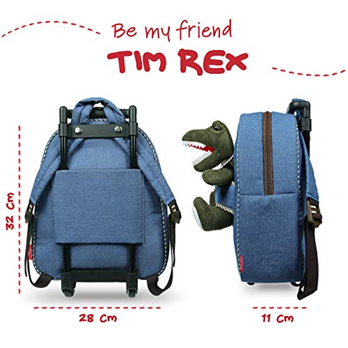 PERLETTI Mochila Trolley Infantil con Dinosaurio de Peluche - Bolsa con Ruedas y Muñeco Trex Niños Niñas 3 4 5 Años - Pequeño Bolso Escolar Escuela Guardería Viaje - 29x33x11 cm (Dinosaurio)