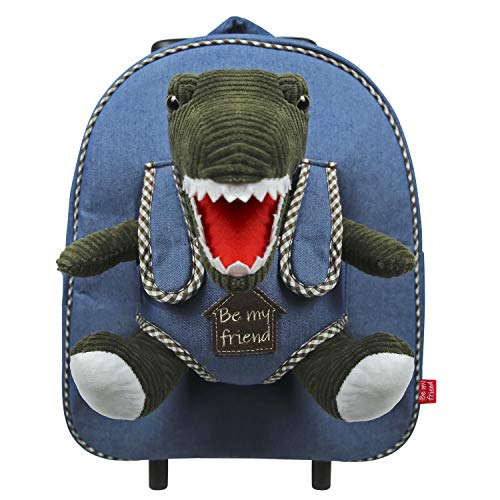 PERLETTI Mochila Trolley Infantil con Dinosaurio de Peluche - Bolsa con Ruedas y Muñeco Trex Niños Niñas 3 4 5 Años - Pequeño Bolso Escolar Escuela Guardería Viaje - 29x33x11 cm (Dinosaurio)