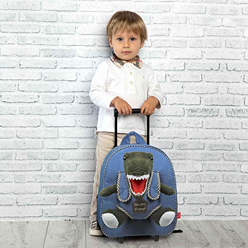 PERLETTI Mochila Trolley Infantil con Dinosaurio de Peluche - Bolsa con Ruedas y Muñeco Trex Niños Niñas 3 4 5 Años - Pequeño Bolso Escolar Escuela Guardería Viaje - 29x33x11 cm (Dinosaurio)