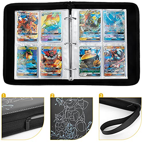 PhD Keisi Álbum Pokemon para Cartas Coleccionables, Funda Bolsa Grande Trading Cards Cromos de MTG Magic,GX,EX, Tarjetas Compatible, Sostiene hasta 400 Tarjetas - 4 Bolsillos(Black)