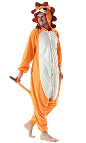 Pijama Animal Entero Unisex para Adultos con Capucha Cosplay Pyjamas Ropa de Dormir Kigurumi Traje de Disfraz para Festival de Carnaval Halloween Navidad Naranja León