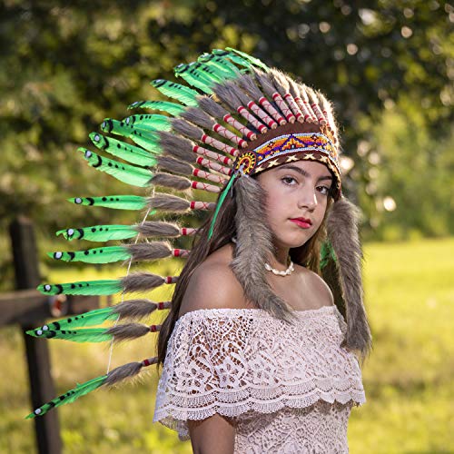 Pink Pineapple Tocado Hecho a Mano Inspirado en los Nativos Americanos: Equipo de Plumas Genuino de Niños y Adultos Para Festivales - Medio - Verde Lima