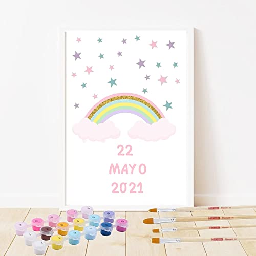 Pintar por Números Personalizado.Con marco.DIY Pintura Manualidades Unicornio, Arco Iris, Elefante y Jirafa. Decoración habitación infantil. Regalo original Navidad, Comunión, cumpleaños (ARCOIRIS)