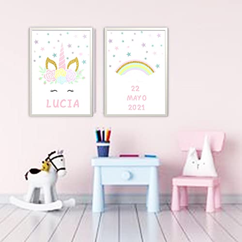 Pintar por Números Personalizado.Con marco.DIY Pintura Manualidades Unicornio, Arco Iris, Elefante y Jirafa. Decoración habitación infantil. Regalo original Navidad, Comunión, cumpleaños (ARCOIRIS)