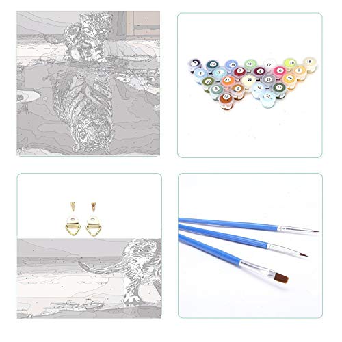 Pinte por Number Kit, Diy Pintura al óleo Dibujo Gato de reflexión Lona colorida con cepillos Decoración Decoraciones Regalos - 16 * 20 pulgadas con marco