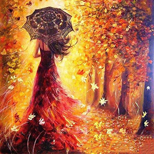 Pintura por número Kit, Diy Pintura al óleo Dibujo Chica romántica caminando por debajo de los árboles Lienzo con pinceles Decoración navideña Decoraciones Regalos - 16 * 20 pulgadas con marco