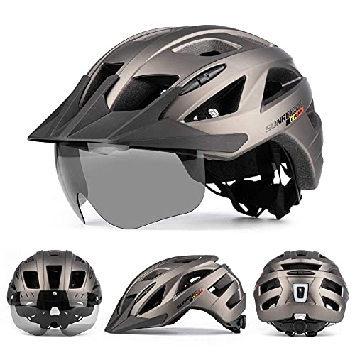 Pkfinrd Casco de bicicleta para adultos Cascos de ciclismo de montaña y carretera con luz trasera recargable USB gafas magnéticas desmontables visera solar desmontable unisex hombres mujeres casco MTB