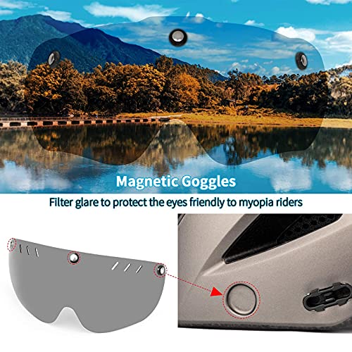 Pkfinrd Casco de bicicleta para adultos Cascos de ciclismo de montaña y carretera con luz trasera recargable USB gafas magnéticas desmontables visera solar desmontable unisex hombres mujeres casco MTB