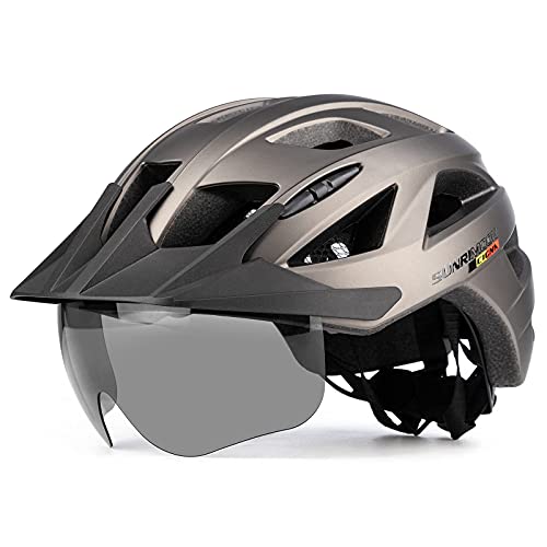 Pkfinrd Casco de bicicleta para adultos Cascos de ciclismo de montaña y carretera con luz trasera recargable USB gafas magnéticas desmontables visera solar desmontable unisex hombres mujeres casco MTB