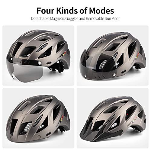 Pkfinrd Casco de bicicleta para adultos Cascos de ciclismo de montaña y carretera con luz trasera recargable USB gafas magnéticas desmontables visera solar desmontable unisex hombres mujeres casco MTB