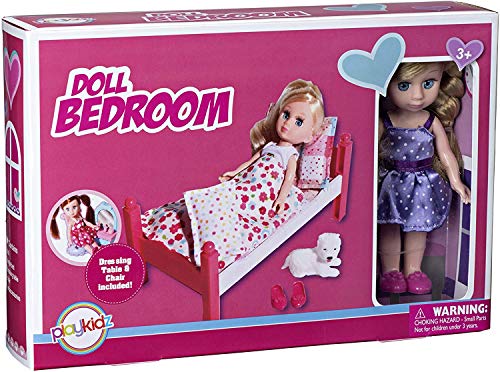 Playkidiz Mini Doll Dormitorio Dormitorio Playset: Pretend Play Mini Muñeca Rubia con Cama, Espejo y Silla súper Duradero para la casa de muñecas Infantiles o Simplemente divertirse.