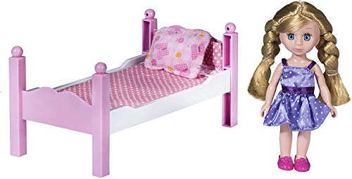 Playkidiz Mini Doll Dormitorio Dormitorio Playset: Pretend Play Mini Muñeca Rubia con Cama, Espejo y Silla súper Duradero para la casa de muñecas Infantiles o Simplemente divertirse.