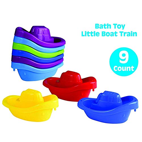 Playkidz Juguete de baño Pequeño Bote Paquete de Tren de 9 remolcadores de plástico apilables para niños para bañera y más en 6 Colores, Edades 3 y más, Multicolor (3052)