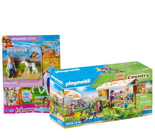 Playmobil 70519 Country Pony-Cafe + revista Playmobil Spirit (cómics, rompecabezas), figura de Abigail con potro