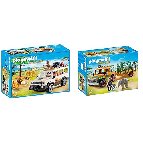 Playmobil Vida Salvaje Vehículo Safari con Leones, Playset de Figuras de Juguete, Multicolor (6798), Miscelanea + Camión con Elefante (6937)