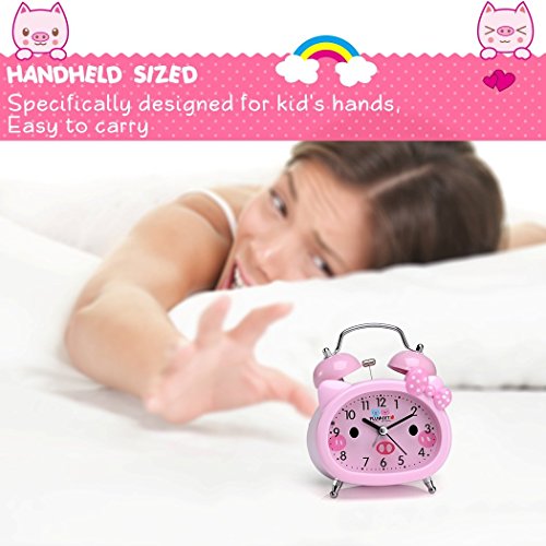 Plumeet Reloj Despertador con Campanas gemelas para Niños Marca Silencioso (sin Tic-TAC) con Tema de Caricatura, operado con baterías (Rosa)