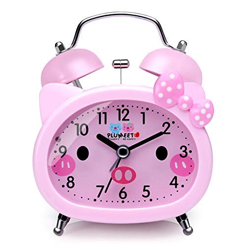 Plumeet Reloj Despertador con Campanas gemelas para Niños Marca Silencioso (sin Tic-TAC) con Tema de Caricatura, operado con baterías (Rosa)