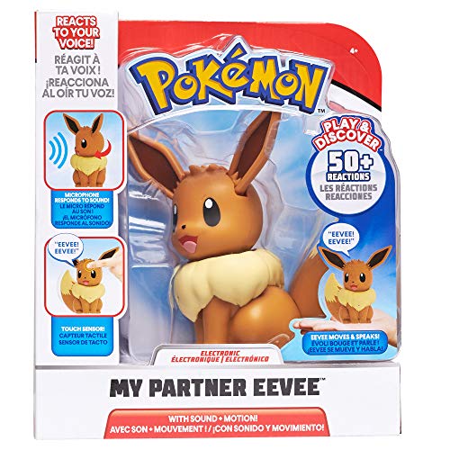 PoKéMoN My Partner Evoli Eevee, de Aproximadamente 10 cm de Altura, Interactivo, reacciona al Tacto y se Mueve, con Modo de Descubrimiento y Entrenamiento