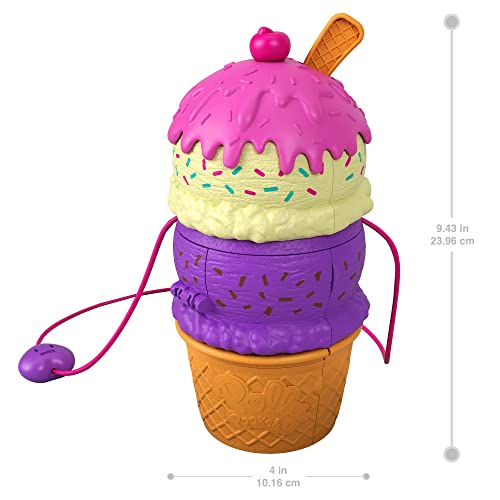 Polly Pocket Parque de juego Polly-sorpresas, cofre helado con juego de agua para muñecas con accesorios sorpresa, juguete +4 años (Mattel HFR00)