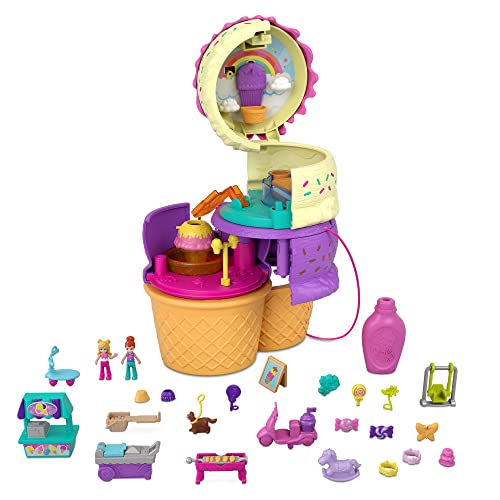 Polly Pocket Parque de juego Polly-sorpresas, cofre helado con juego de agua para muñecas con accesorios sorpresa, juguete +4 años (Mattel HFR00)