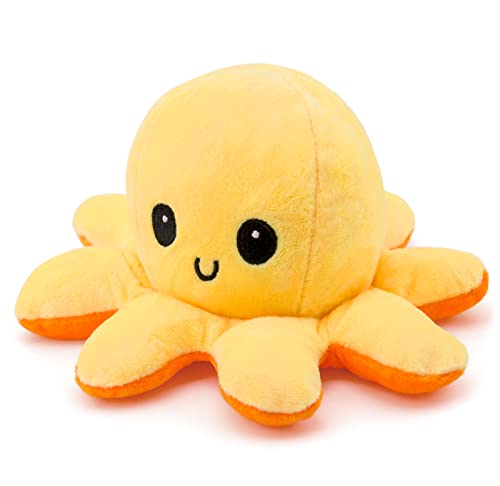 PRECORN Pulpo de peluche reversible de doble cara según el estado de ánimo, en amarillo/naranja, peluche reversible de 20 cm