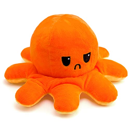 PRECORN Pulpo de peluche reversible de doble cara según el estado de ánimo, en amarillo/naranja, peluche reversible de 20 cm