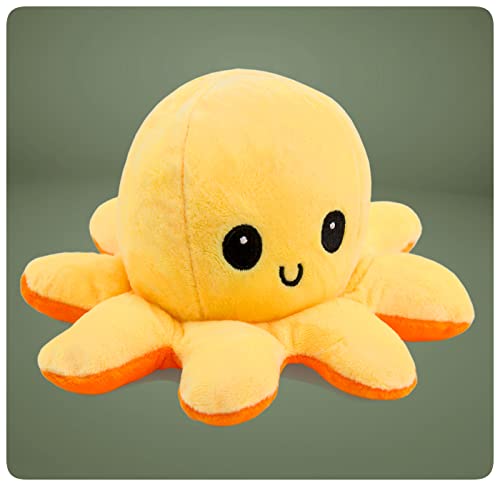 PRECORN Pulpo de peluche reversible de doble cara según el estado de ánimo, en amarillo/naranja, peluche reversible de 20 cm