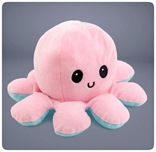 PRECORN Pulpo de peluche reversible de doble cara según el estado de ánimo en rosa/azul, peluche de pulpo de peluche reversible de 20 cm