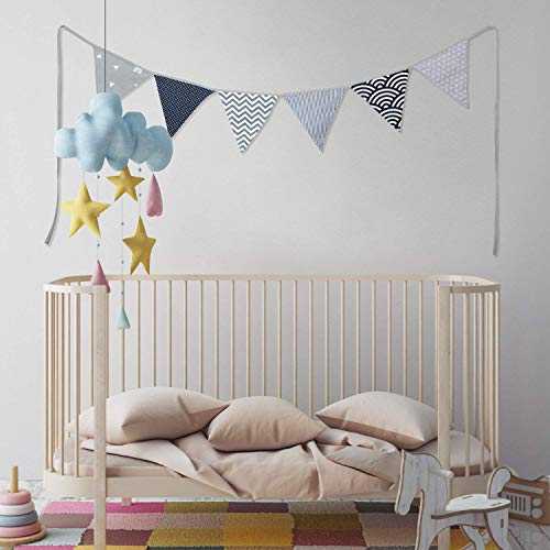 PREMYO Banderines de Tela Infantiles - Guirnaldas Decoración Habitación Bebé Niño - Triángulos Colores Gris Azul