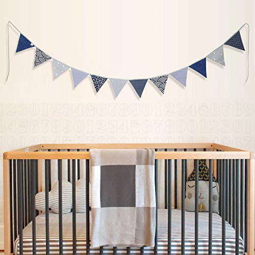 PREMYO Banderines de Tela Infantiles - Guirnaldas Decoración Habitación Bebé - Triángulos Colores Azul Gris