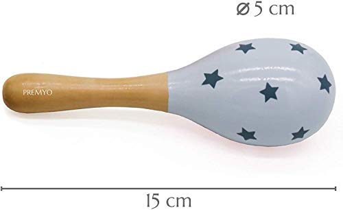 PREMYO Sonajeros Bebé Maracas - Juguete de Madera Infantiles - Instrumentos Musicales para Niñas - Estrellas Rayas Gris