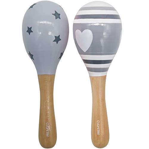 PREMYO Sonajeros Bebé Maracas - Juguete de Madera Infantiles - Instrumentos Musicales para Niñas - Estrellas Rayas Gris