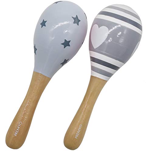 PREMYO Sonajeros Bebé Maracas - Juguete de Madera Infantiles - Instrumentos Musicales para Niñas - Estrellas Rayas Gris