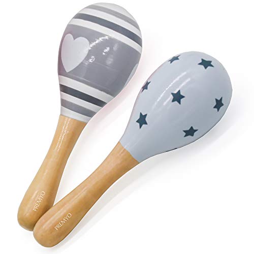 PREMYO Sonajeros Bebé Maracas - Juguete de Madera Infantiles - Instrumentos Musicales para Niñas - Estrellas Rayas Gris