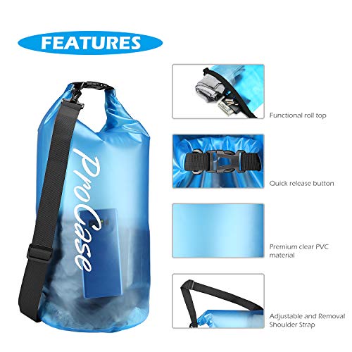 Procase 2 uds. Bolsa Estanca Translúcida 20L, Mochila Impermeable Transparente para Playa, Canoa, Kayak, Canotaje, Buceo, Náutica, Acampada Actividades Acuáticas -Negro/Azul