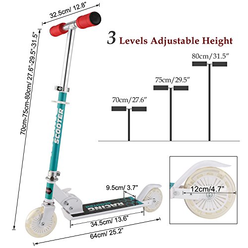 Profun Patinete 2 Ruedas Patinete Plegable para Niños Patinete Infantil con Freno Altura del Manillar Ajustable Patinete Niño Scooter Patinete con Luces LED para Niñas de 3-12 Años