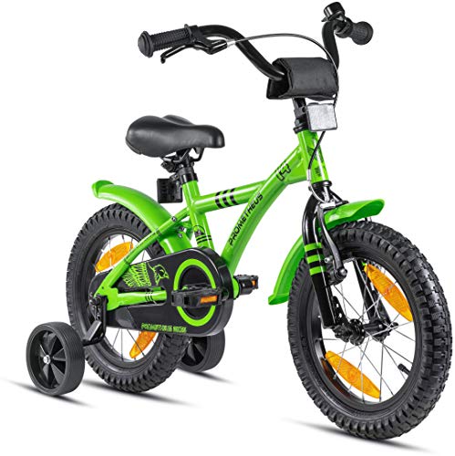 Prometheus Bicicleta para niños de 3 a 5 años | Bicicleta Infantil 4 años para niñas 14 Pulgadas con ruedines en Verde y Negro