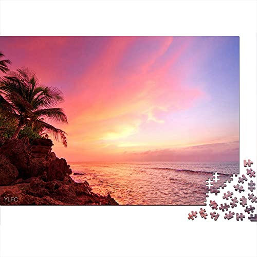 Puzzle 1000 Piezas Puerto Rico Coast Horizon Ocean Palm Tree Pink Paper Puzzle 38x26cm Cute Puzzle Decoración del hogar