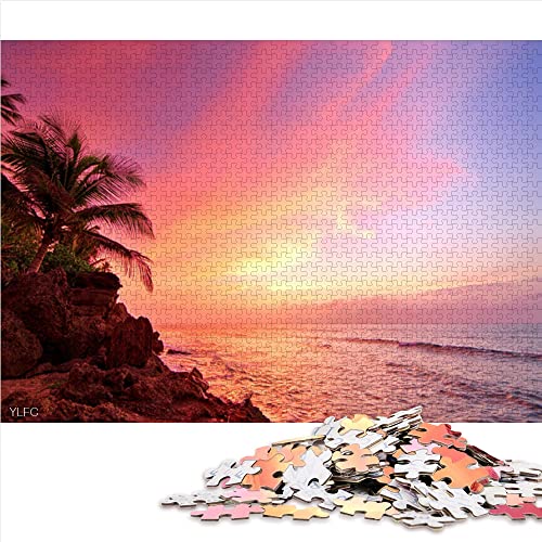 Puzzle 1000 Piezas Puerto Rico Coast Horizon Ocean Palm Tree Pink Paper Puzzle 38x26cm Cute Puzzle Decoración del hogar