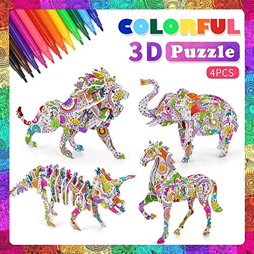 Puzzle 3D & Juego para Pintar,Goorder Rompecabezas para Colorear 3D,Artes de Bricolaje y Manualidades con 4 Animales para Niñas, Regalo de Cumpleaños para Niños Niñas de 6 7 8 9 10 Años