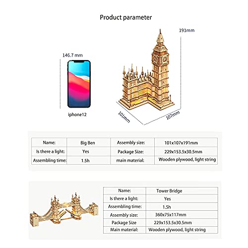 Puzzle 3D,Set de Construcción Puzzle 3D para niños y Adultos,Big Ben,Edición Nocturna,con luz LED,Puzzle Londres,Kit de Manualidades DIY,Juguete de Montaje,Pasatiempos para Adultos