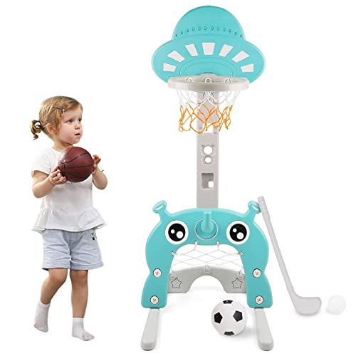 Q-FQRM Canasta de Baloncesto para Niños 5 en 1 Juego de Baloncesto con Juego de Deportes Ajustable Juego de Fútbol | Portería de Fútbol Golf Lanzamiento de Anillos Mejor Regalo para Niños Niño