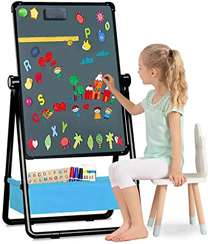 Q-FQRM Cavalletto da Disegno per Bambini | Cavalletto a Due lati per Lavagna Bianca per Bambini | Lavagna con supporto regolabile e girevole a 360 gradi e lettere e numeri in Bonus (Negro)