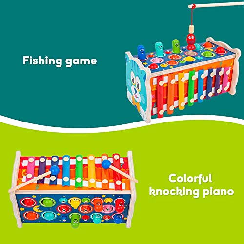 Q-FQRM Juguetes de Madera para martillear con xilófono, Juego de Pesca Musical Montessori, Juguetes educativos tempranos, niños de 1 a 5 años de Edad